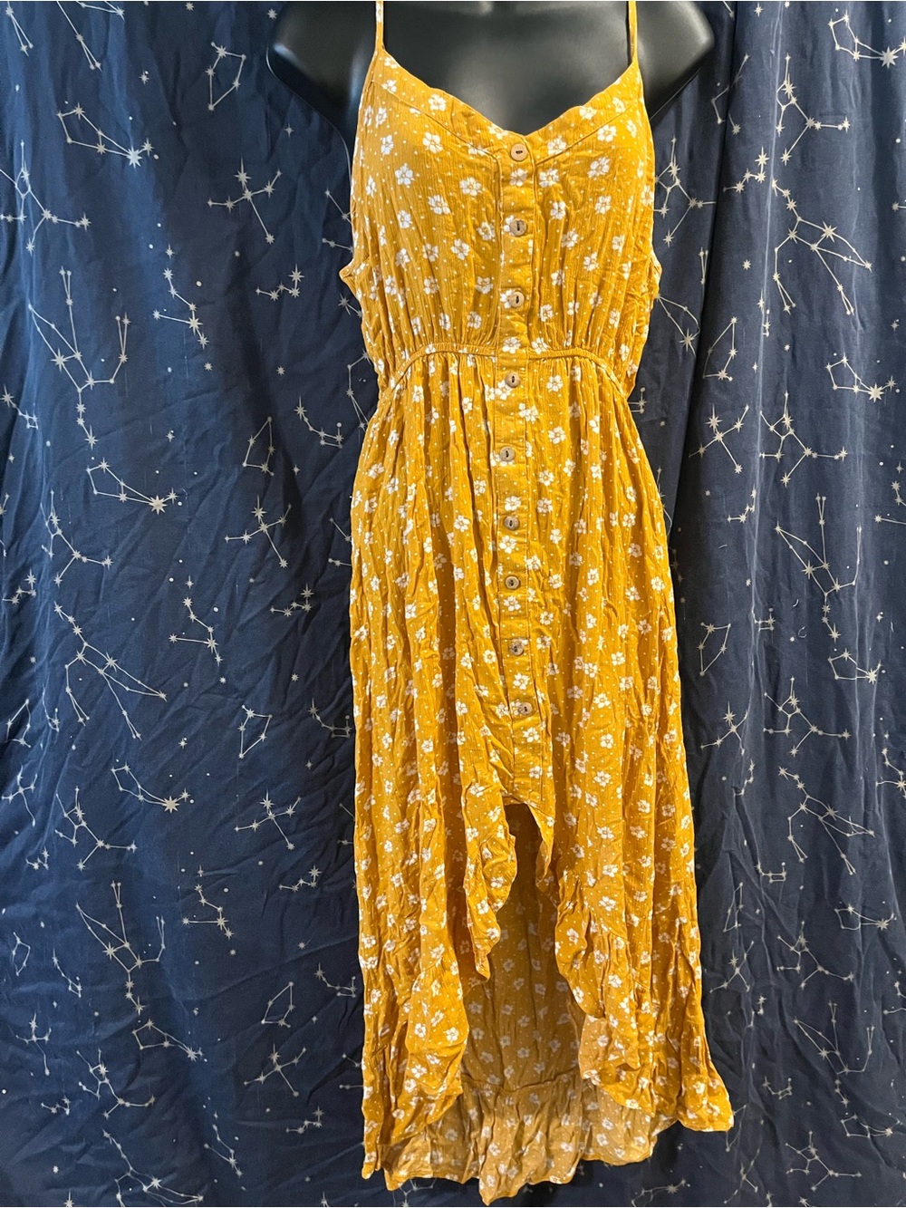 Garage Mustard Yellow Floral High-Low Button Dress